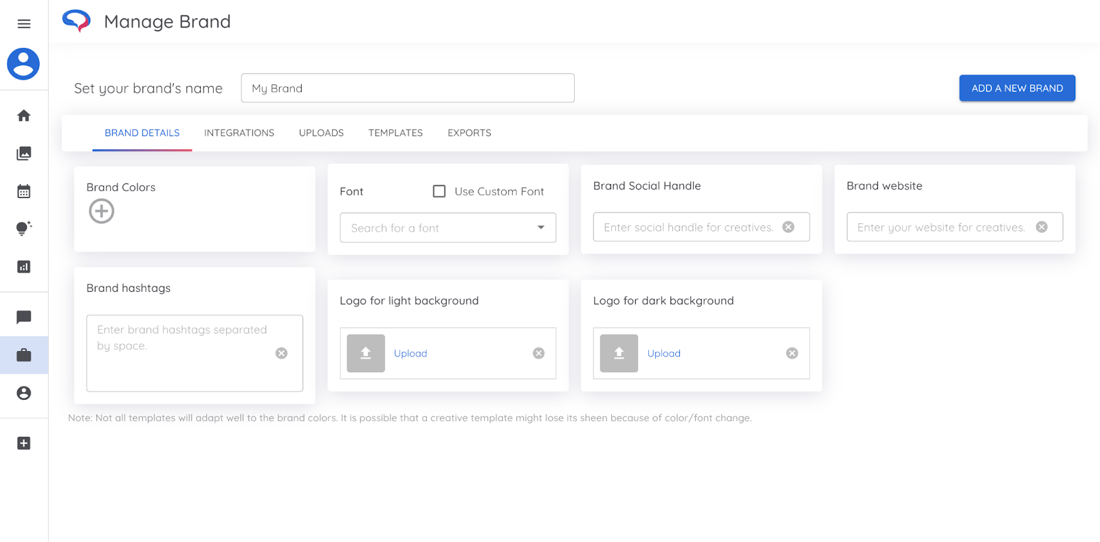 Página "Gerenciar marca" no Gerador de conteúdo social da IA
