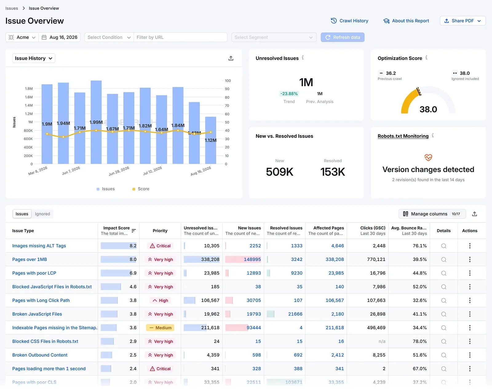 Issue Overview showing high-level metrics like total issues and optimization score along with more granular data by issue type.