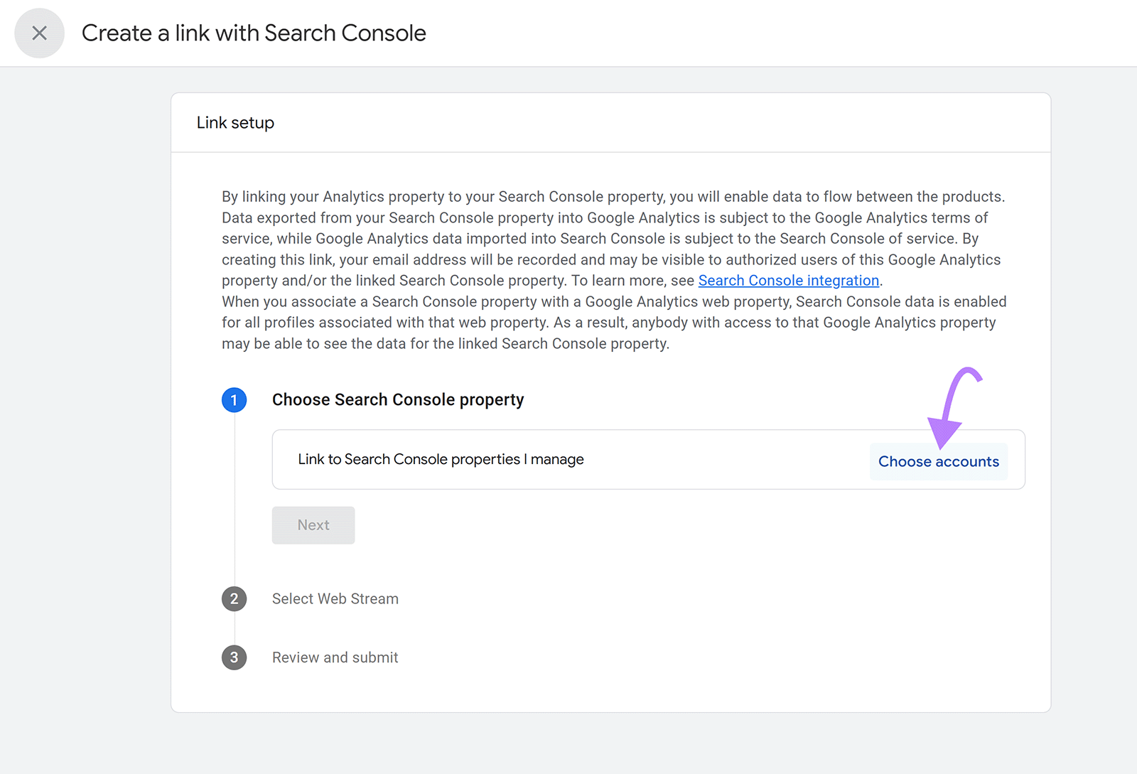Create a link setup screen with arrow pointing to Choose accounts