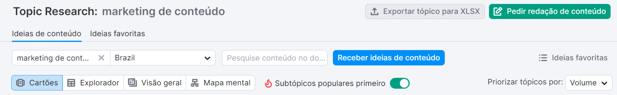 pesquisando uma palavra-chave na ferramenta topic research