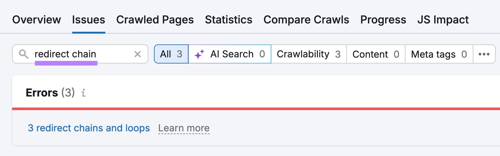 3 redirect chains and loops error shown in Site Audit tool