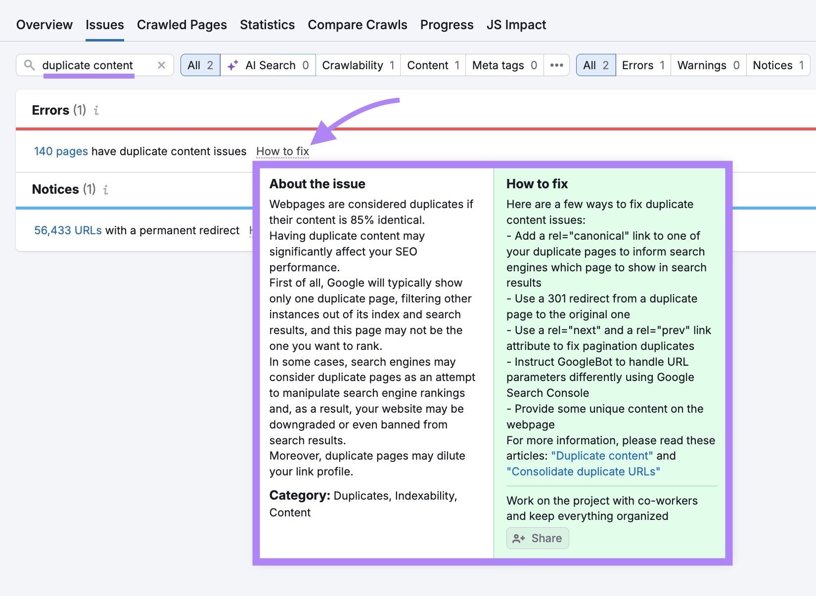 Site Audit tool showing a duplicate content issue with the “Why and how to fix it” panel open.