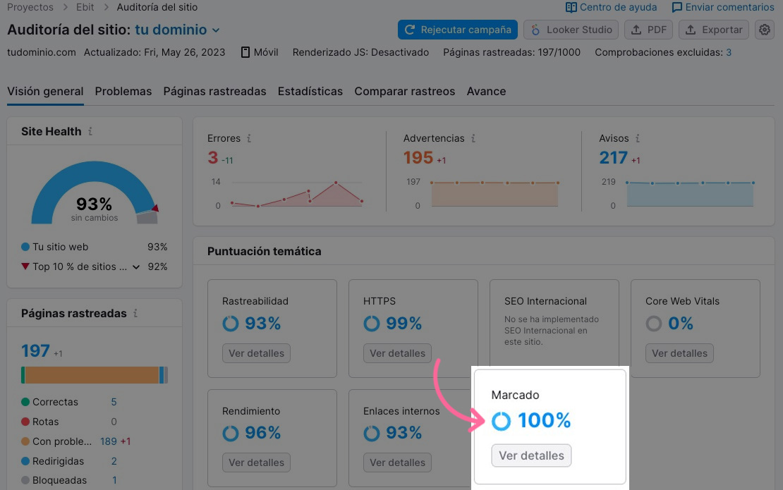 Marcado de datos en Auditoría del sitio de Semrush