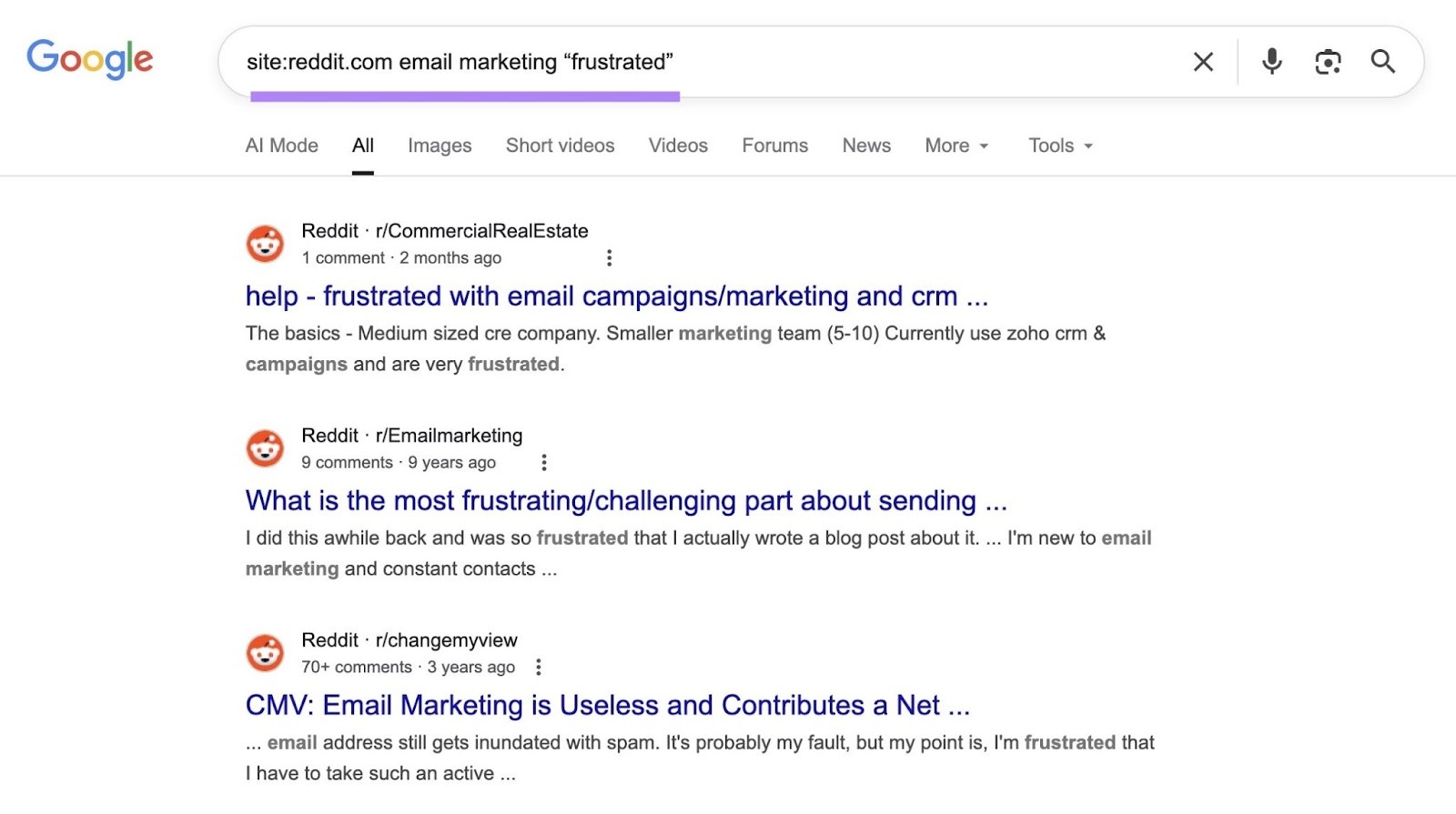 Using a site search syntax with negative terms to find Reddit discussions talking about common problems and pain points.