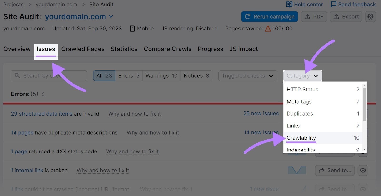 « Explorabilité » sélectionné dans le menu déroulant « Catégorie » sous l'onglet « Problèmes »