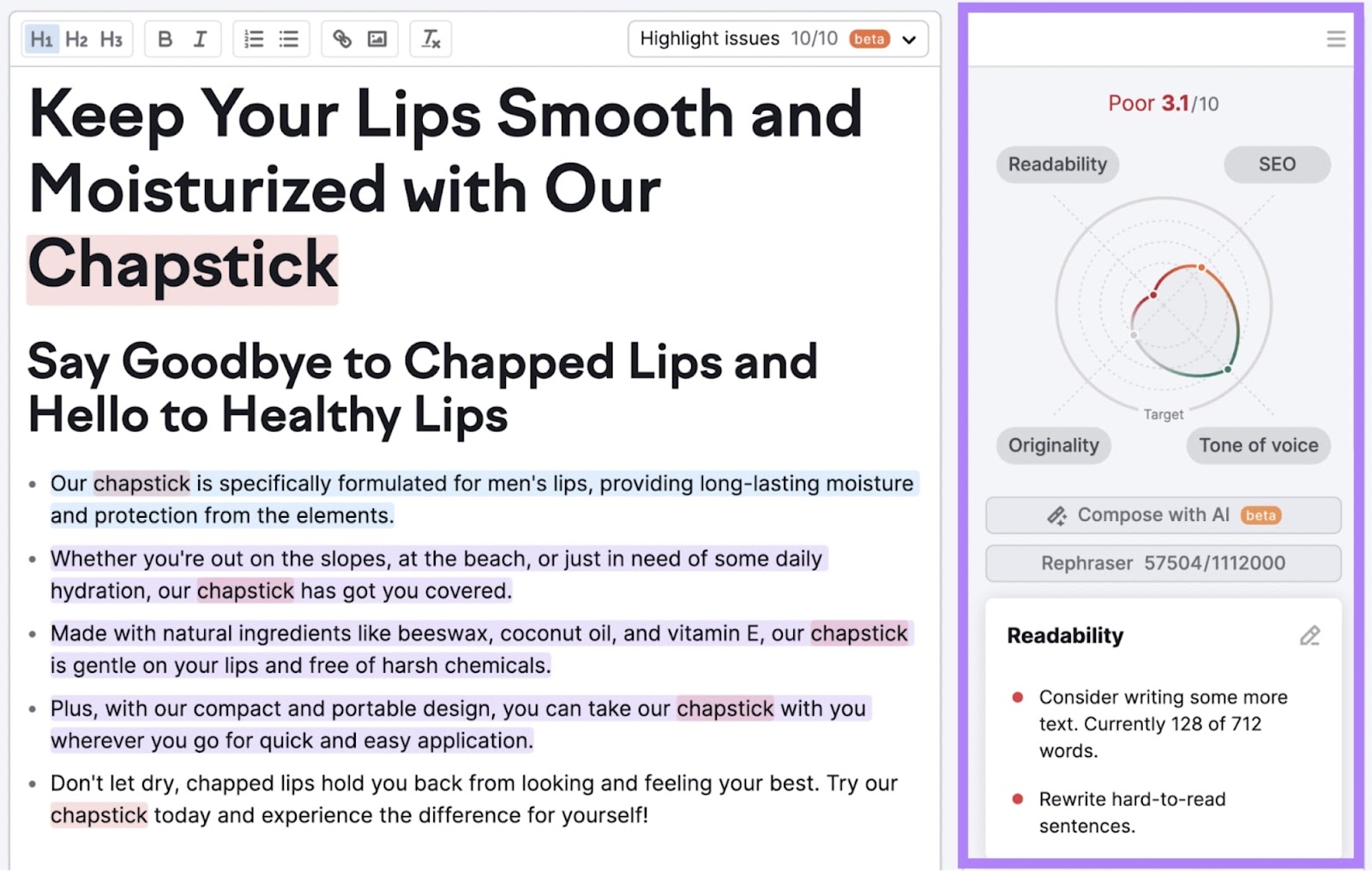 SEO Writing Assistant de Semrush avec un article chapstick évalué pour la lisibilité, le ton de voix, le SEO et l'originalité