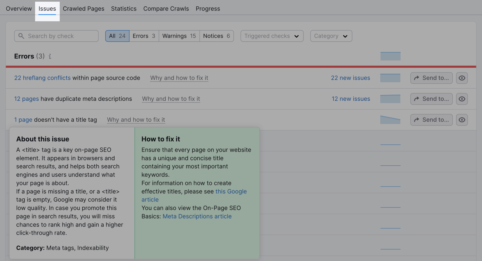 site audit issues tab