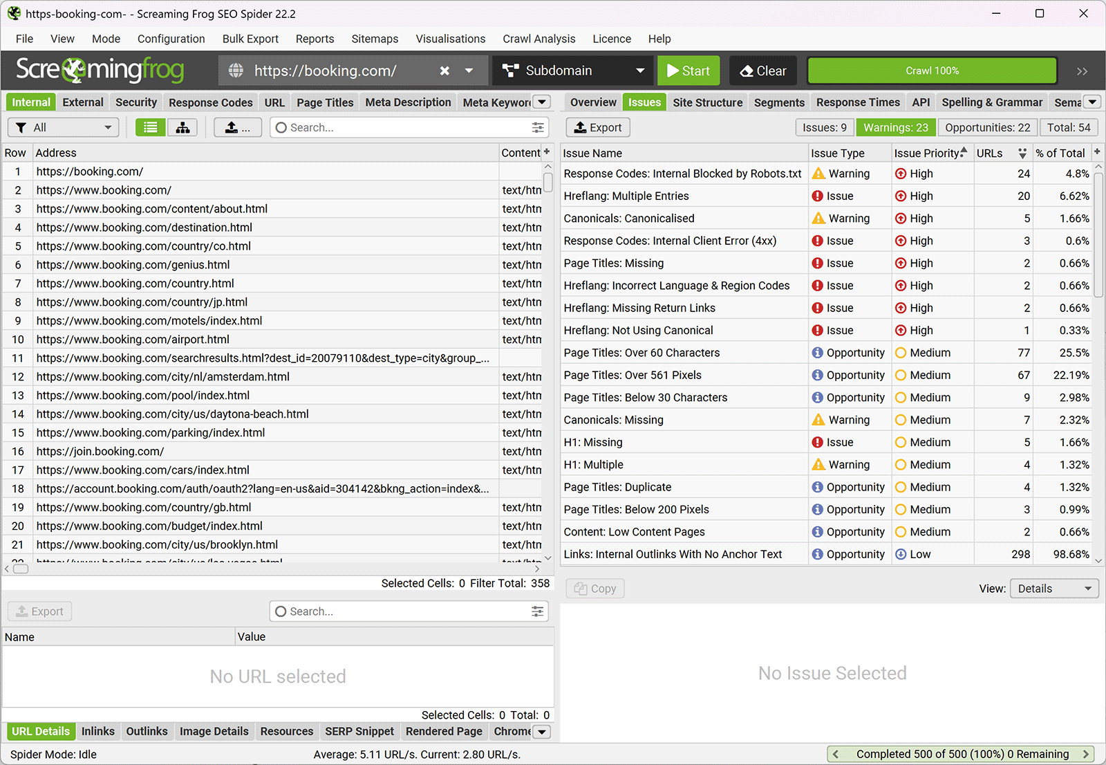 Screaming Frog SEO Spider crawl results listing site URLs with issues, warnings, and optimization opportunities