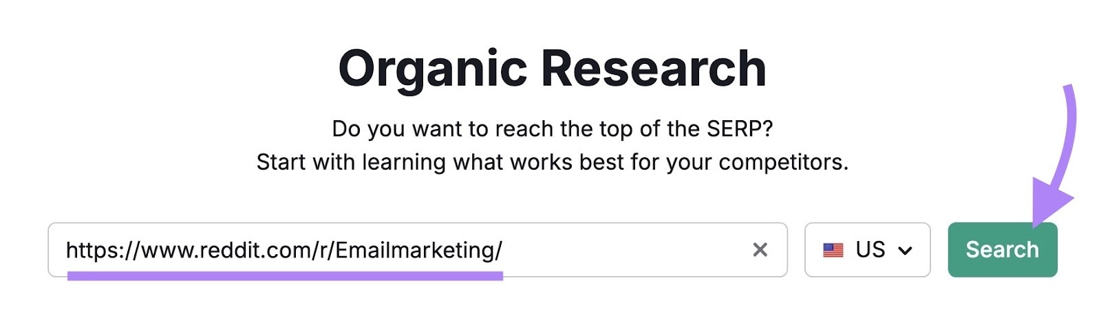 Organic Rankings tool start with the URL of a subreddit entered and "Search" clicked.