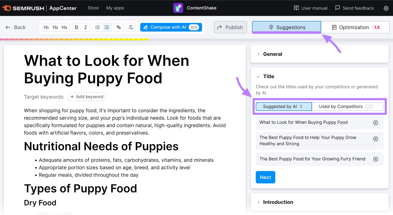 Pestaña "Sugerencias" en ContentShake