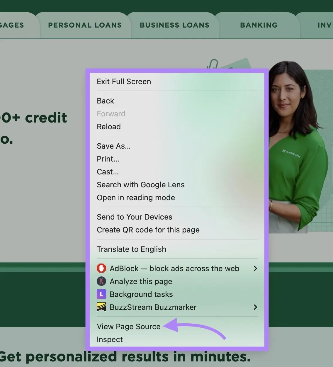 Chrome browser View Page Source popup.