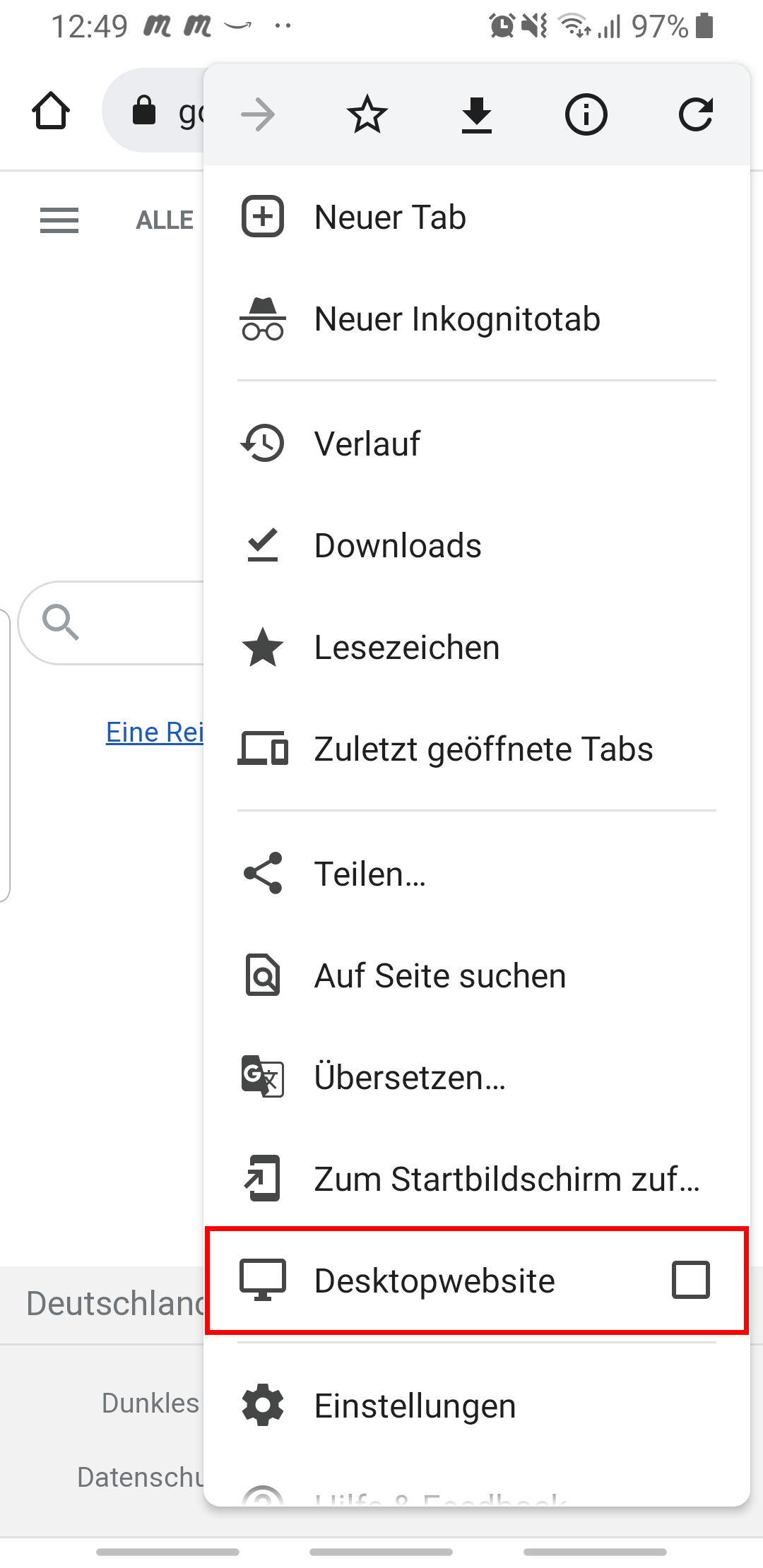Screenshot: Menü der Google Chrome App