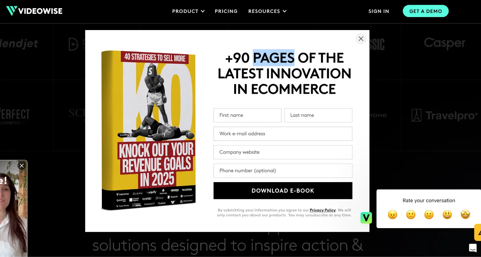 Ecommerce ebook pop-up offering 90 pages of strategies with form to download