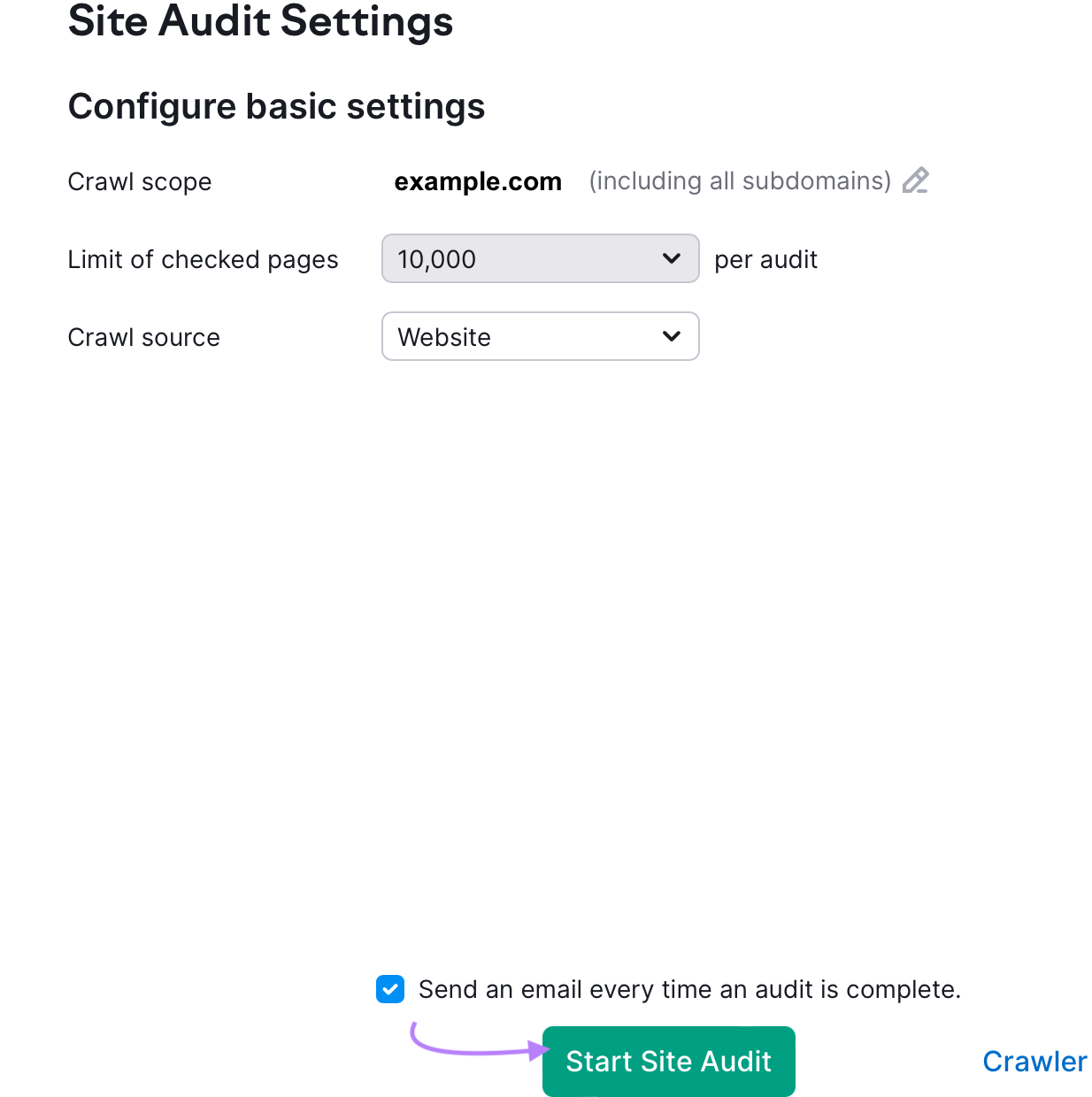 Le bouton "Démarrer l'audit du site" est mis en évidence dans la page Paramètres de l'audit du site.