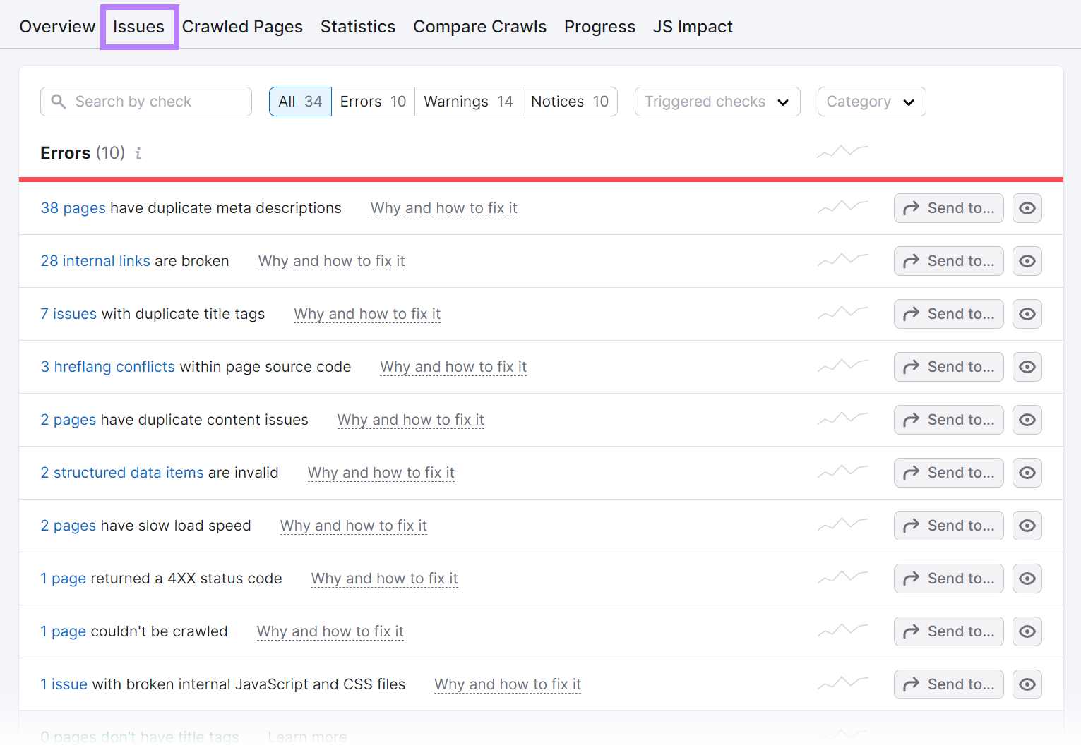 Vue de l'onglet « Problèmes d'audit du site » avec l'onglet « Problèmes » mis en évidence.