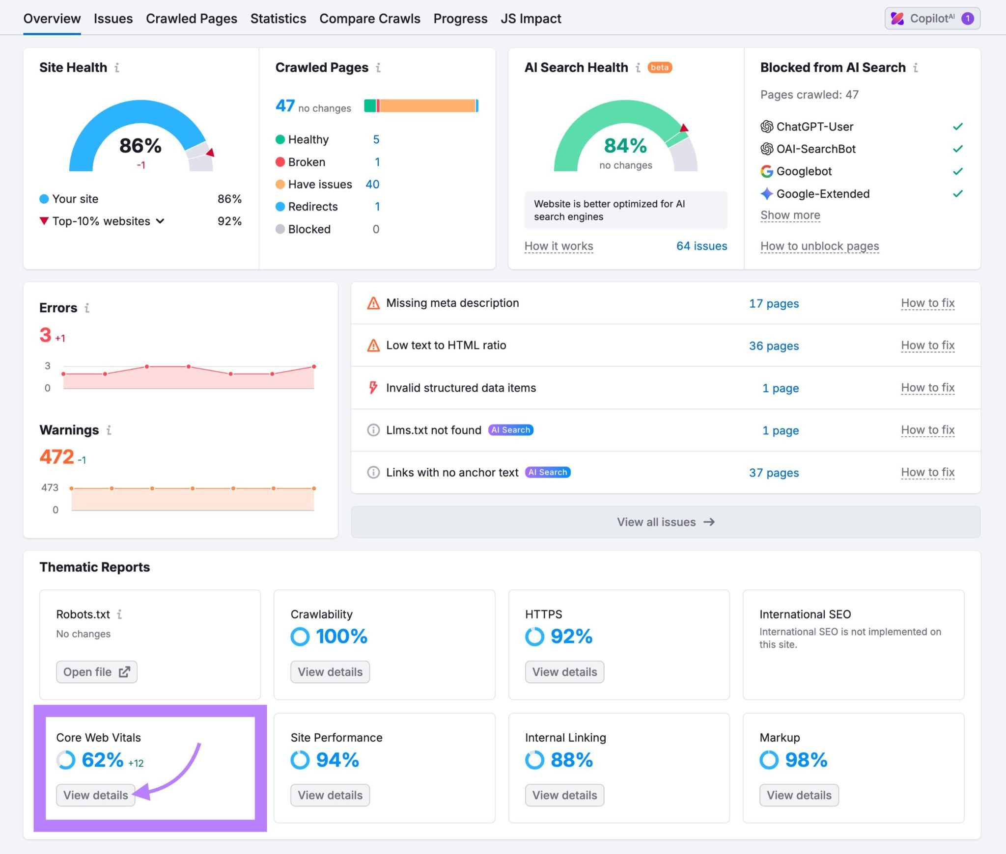 Site Audit Overview report with “Core Web Vitals” highlighted.