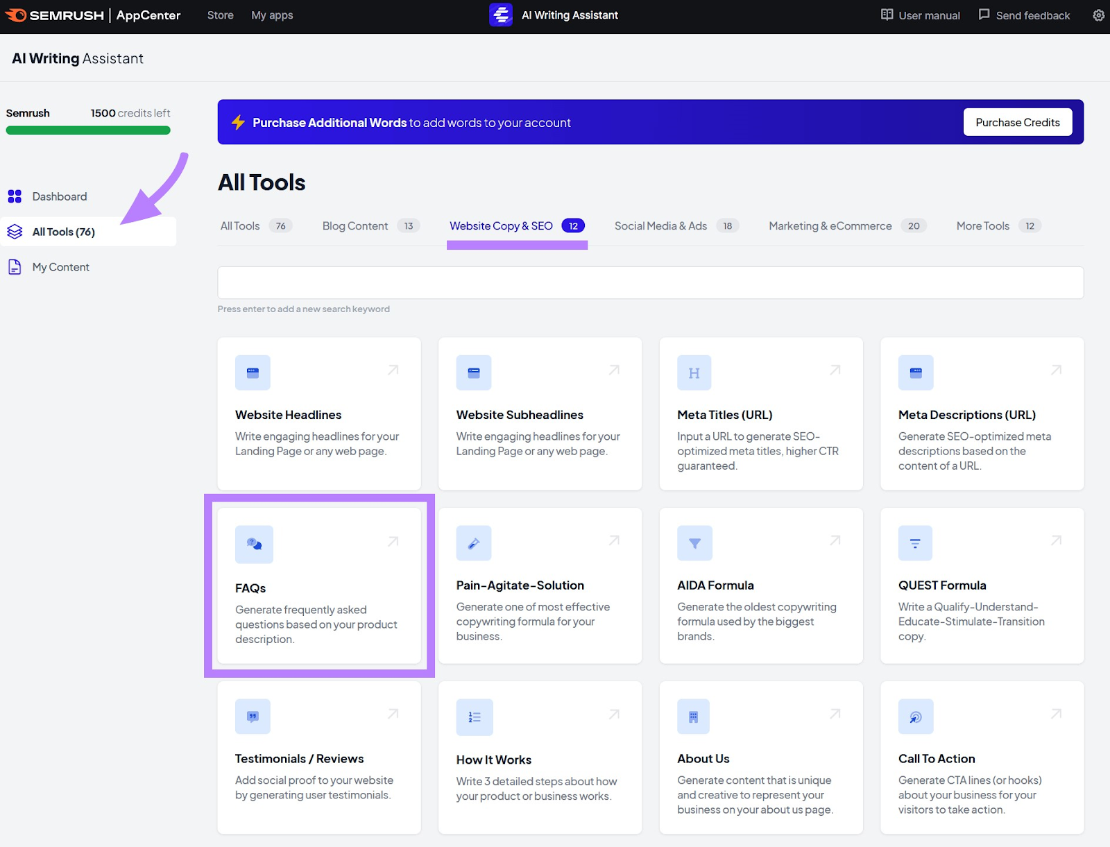 Section "Tous les outils" dans l'assistant d'écriture AI