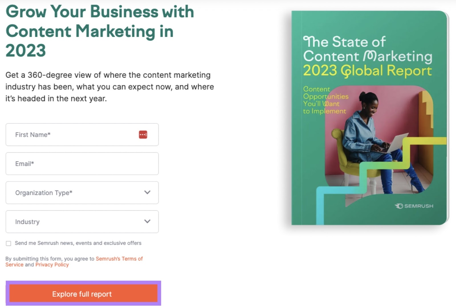 Page de destination du formulaire Semrush avec CTA en évidence