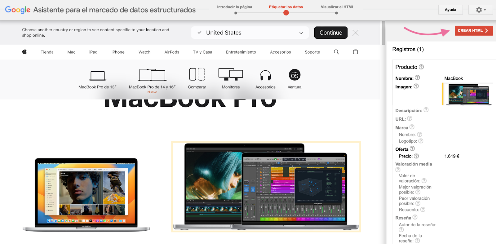 Crear HTML en el asistente de marcado de datos estructurados