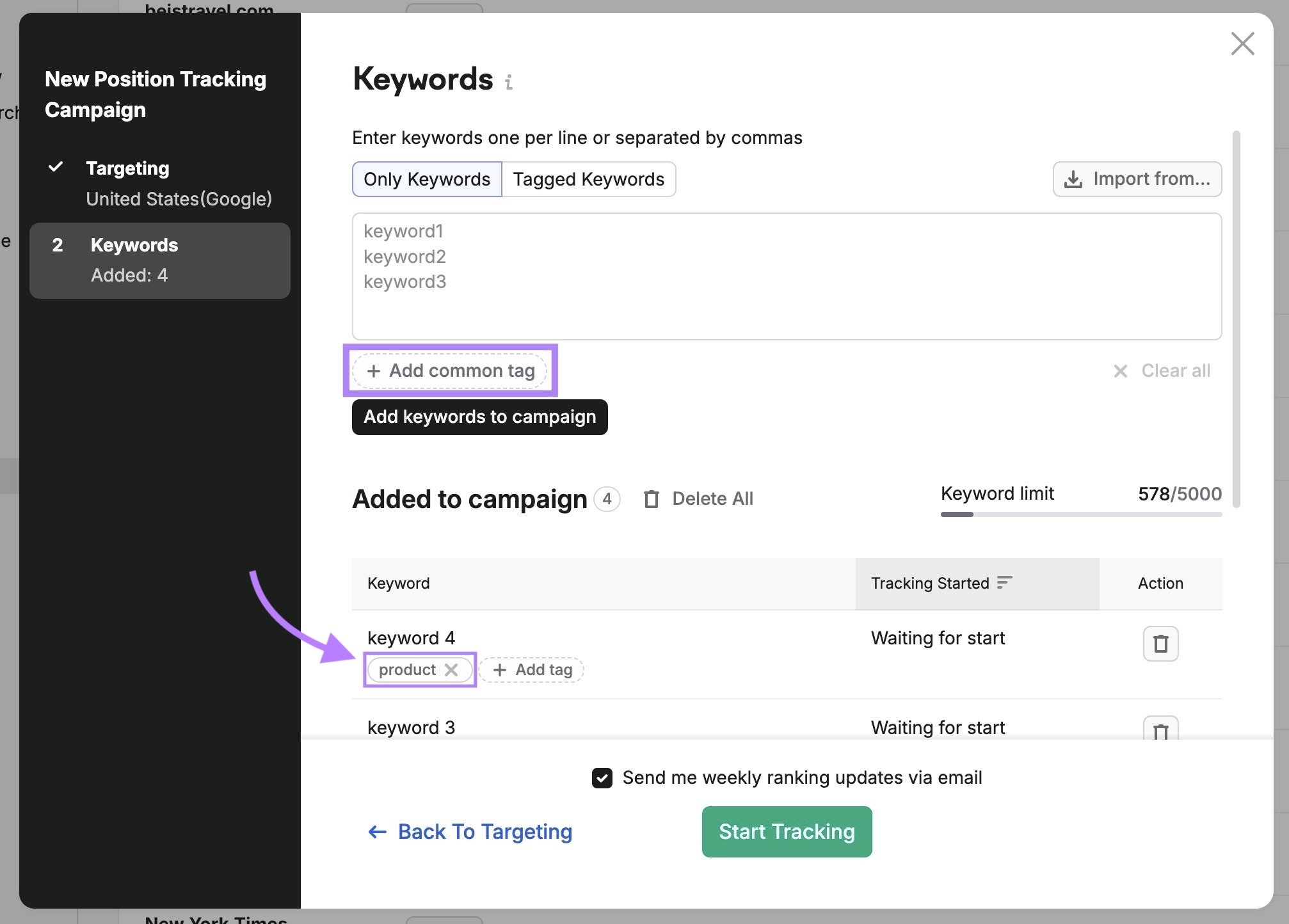Keywords settings on Position Tracking showing a keyword with a tag added and highlighted.
