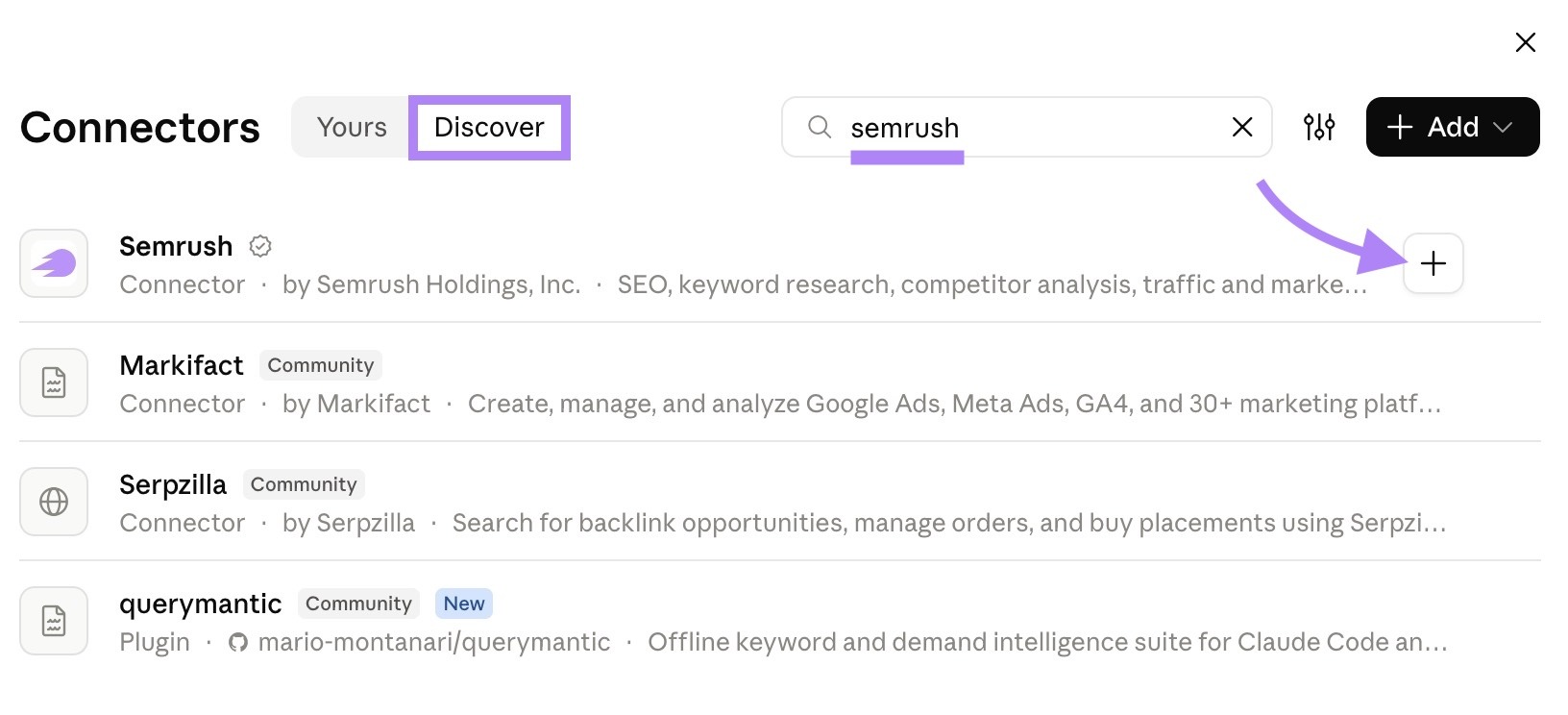 The "Discover" tab of Connectors on Claude with "semrush" entered and the “+” next to the Semrush connector clicked.