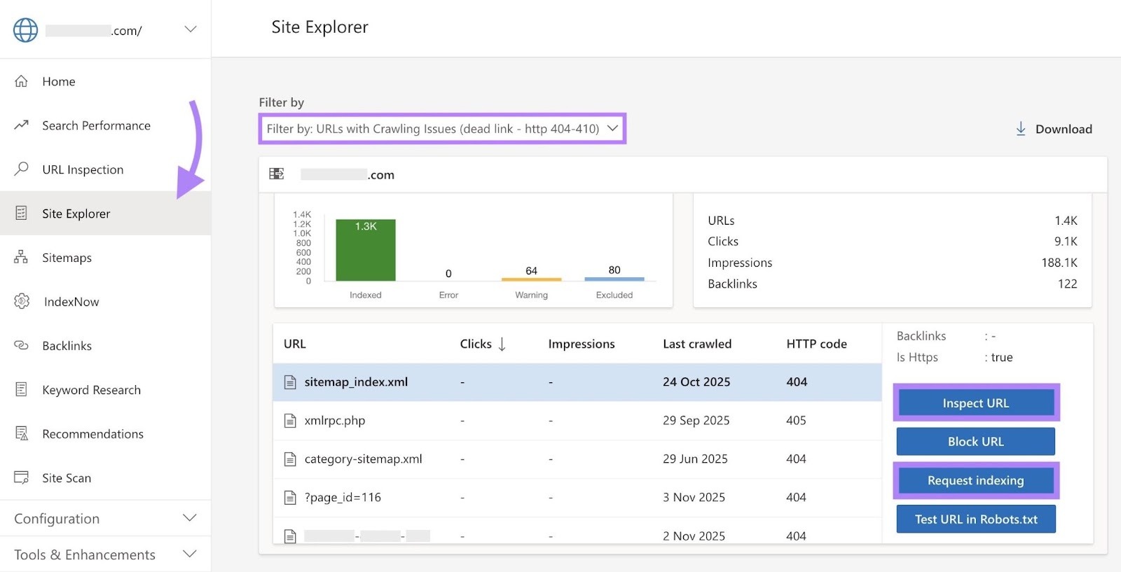 Bing's Site Explorer showing a list of URLs with crawling issues along with action buttons to inspect URL, request indexing, etc.