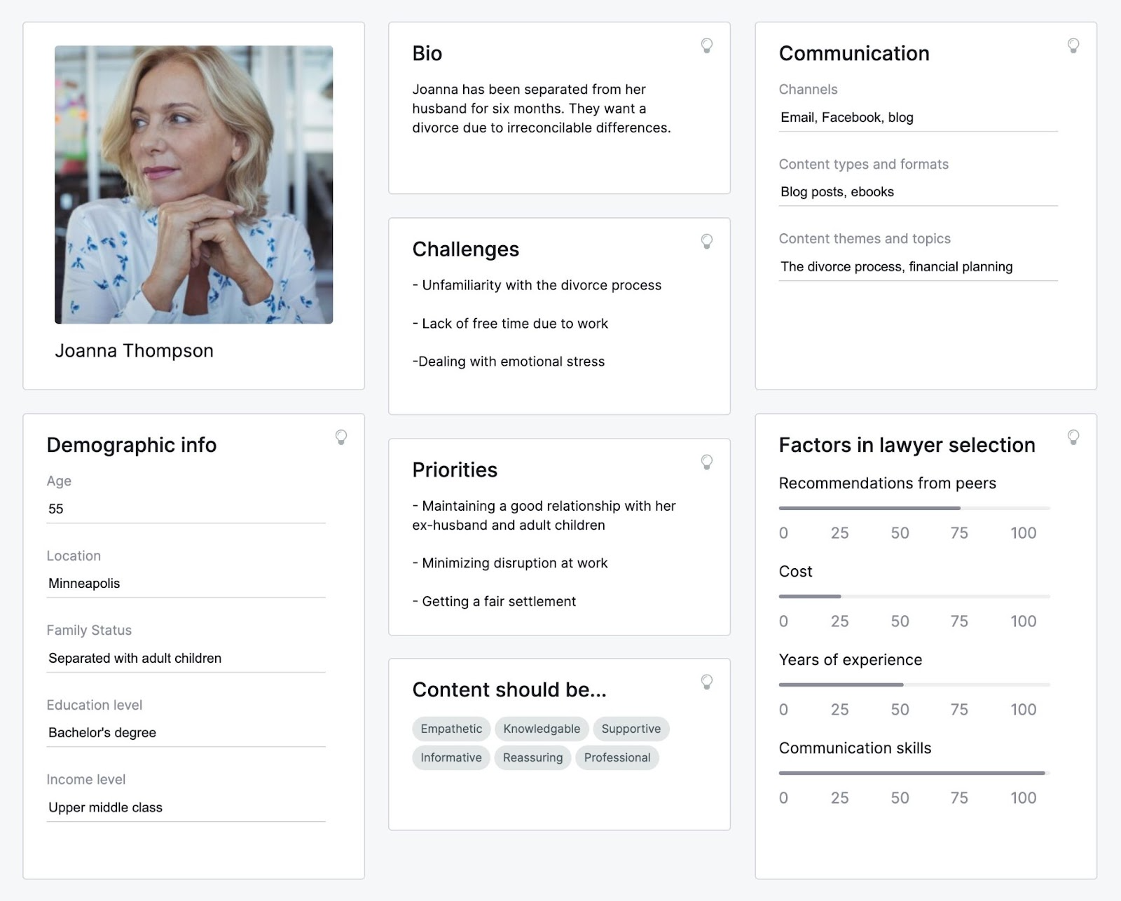 An audience persona template which includes demographic info, a bio, challenges, priorities, communication style, etc.