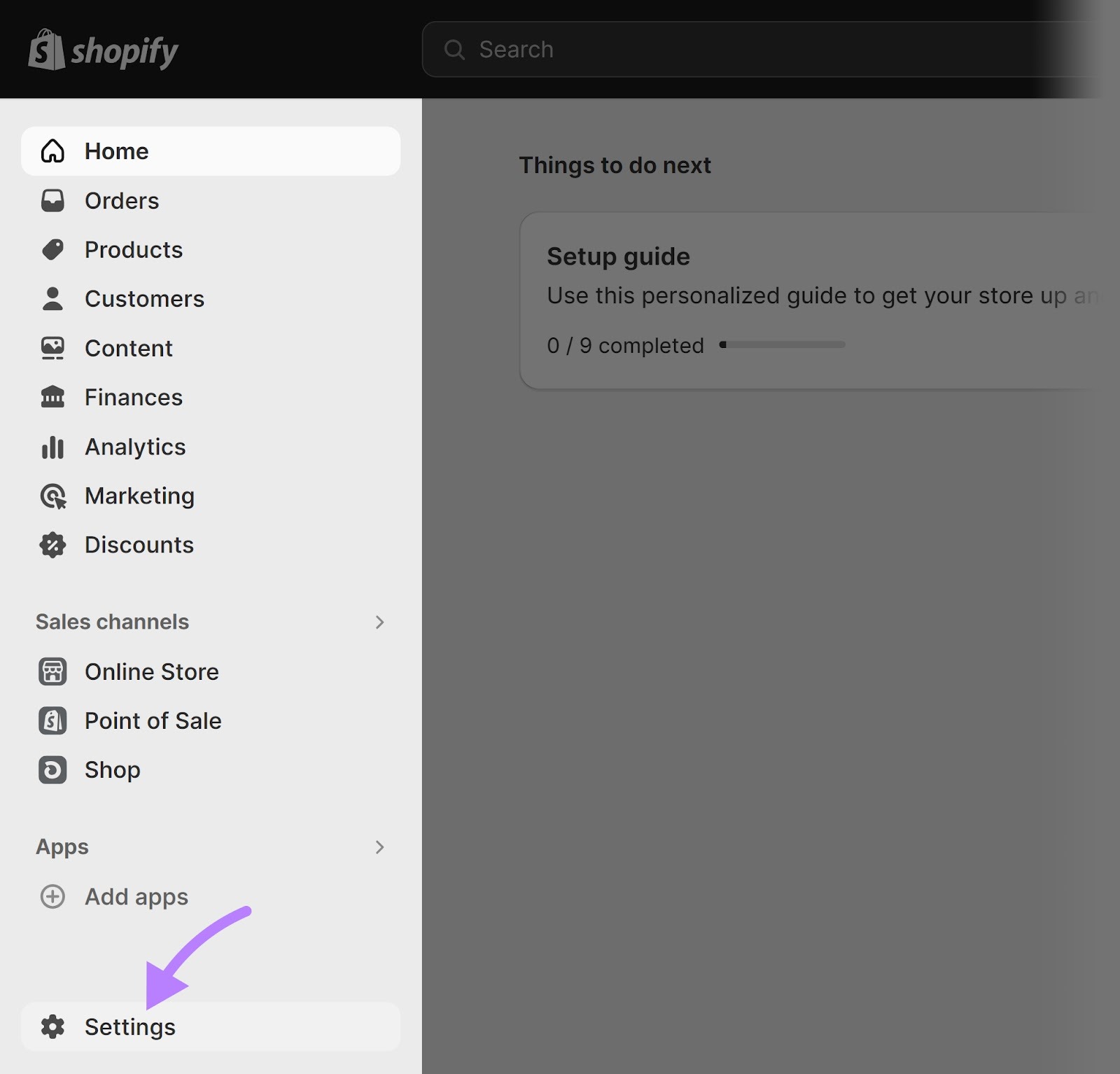Shopify admin with Settings option highlighted at the bottom of the left-hand menu.