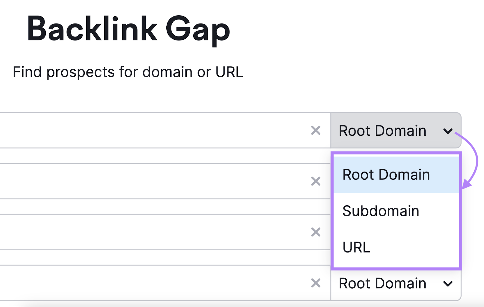 "Dominio raíz", "Subdominio" y "URL" desplegables en Backlink Gap