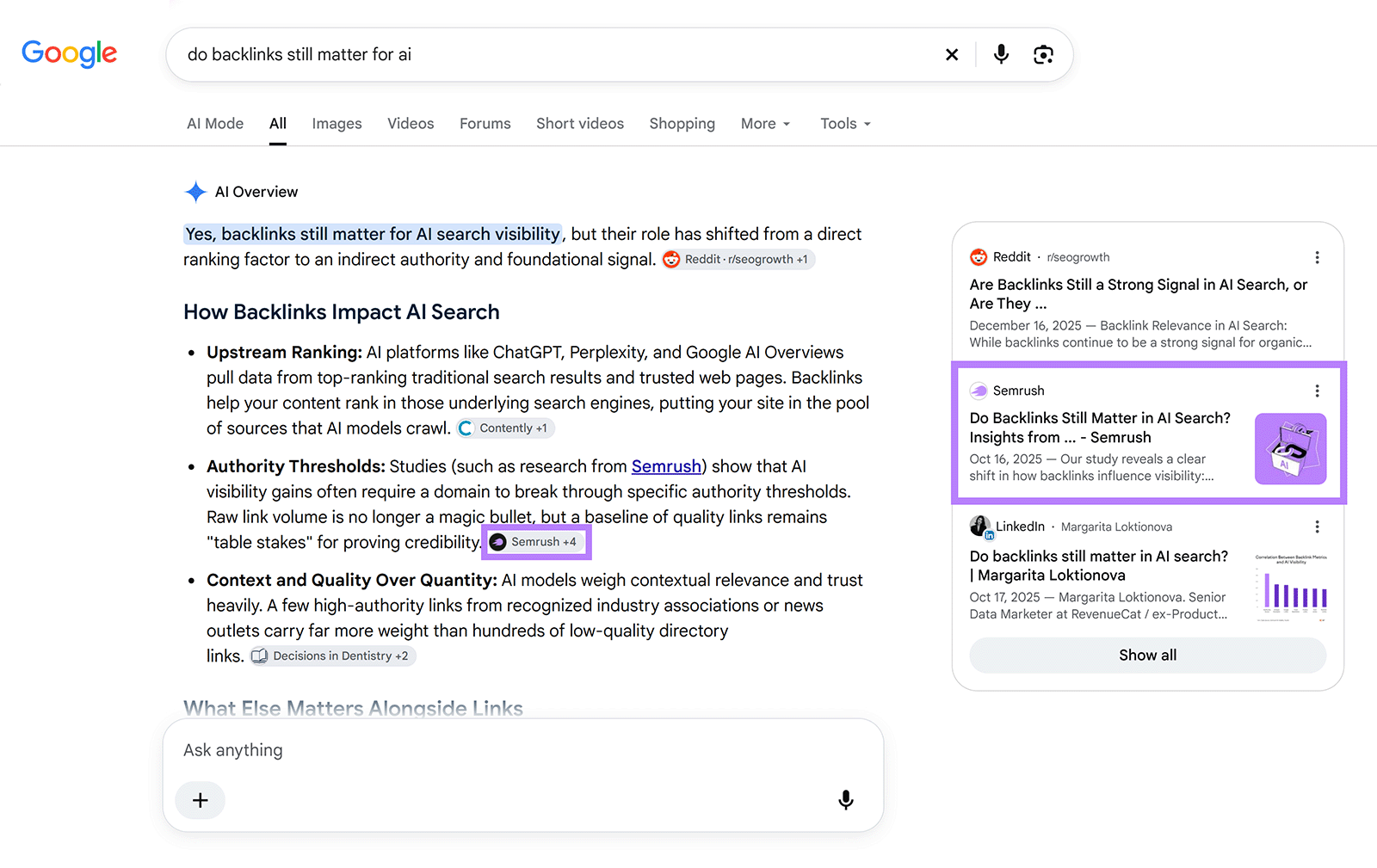 Google AI Overview on backlinks and AI search cites Semrush research as a source on authority and AI visibility