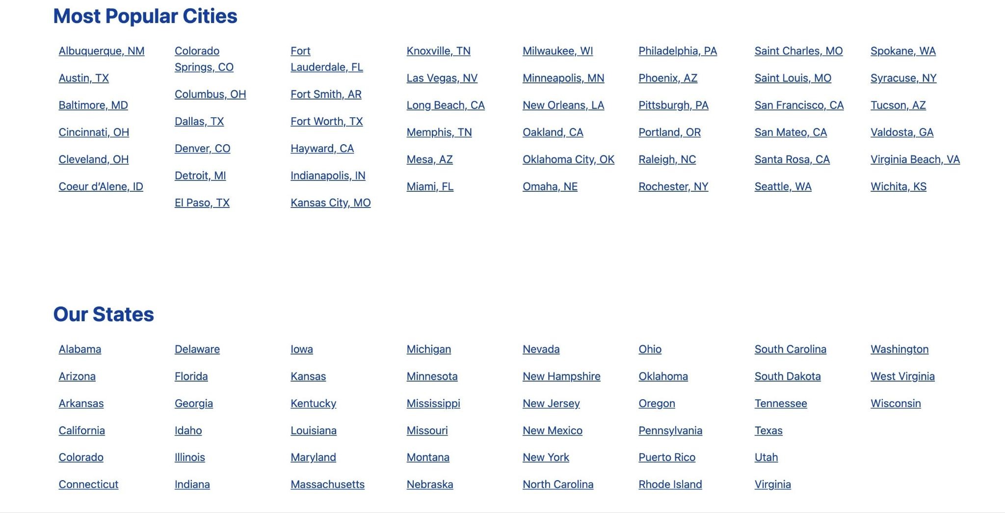 The location page of "www.mrrooter.com" showing a list of most popular cities and states, each with their own page.