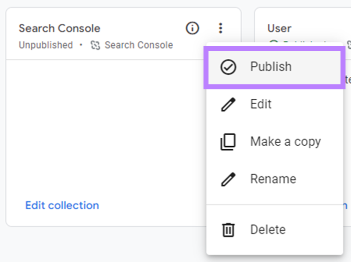 A opção "Publicar" está selecionada no menu suspenso "Search Console"