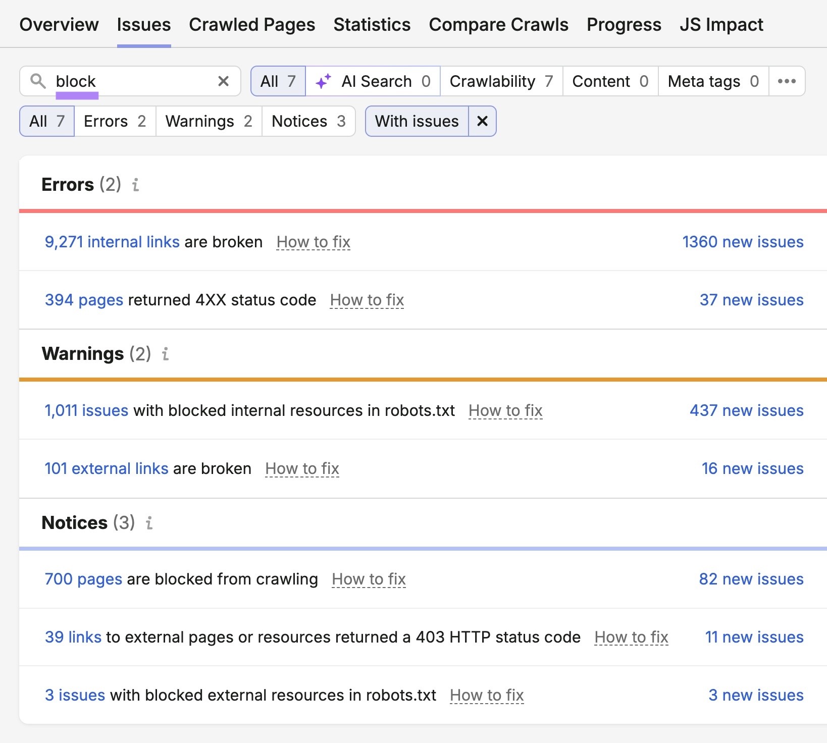 The "Issues" tab on Site Audit with "block" entered showing a list of related errors, warnings, and notices.