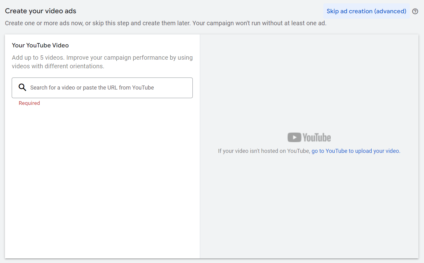 Seção "Crie seus anúncios em vídeo" no Google Ads