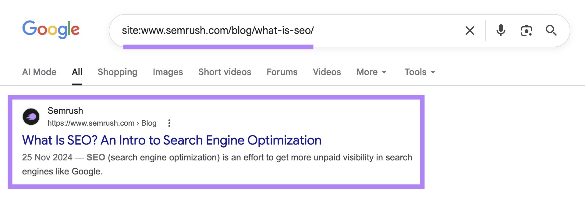 SERP for “site:sr01.balochseotools.com/blog/what-is-seo/” with the top result highlighted.