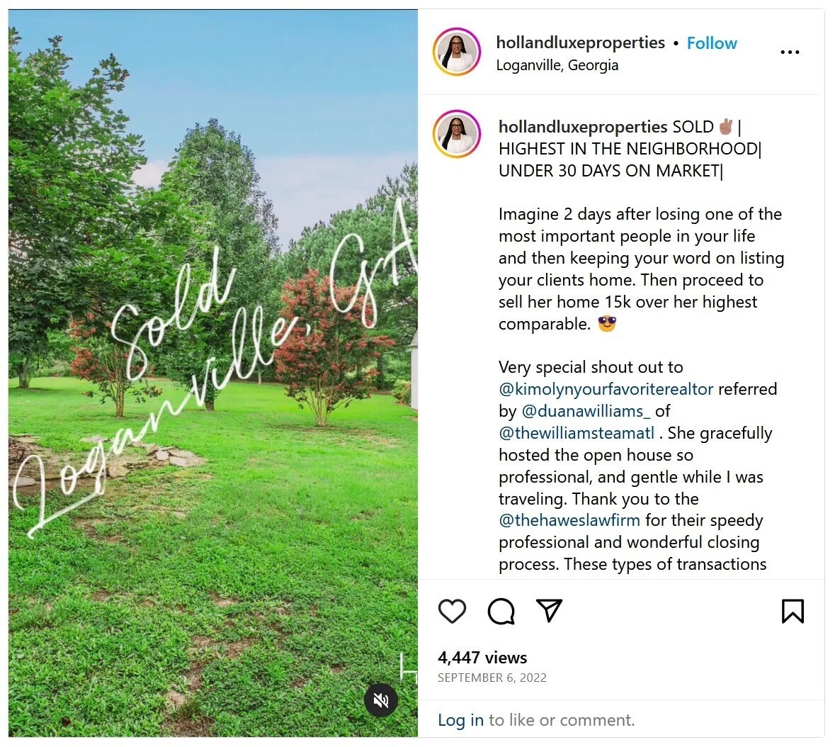 An example of a “just sold” post