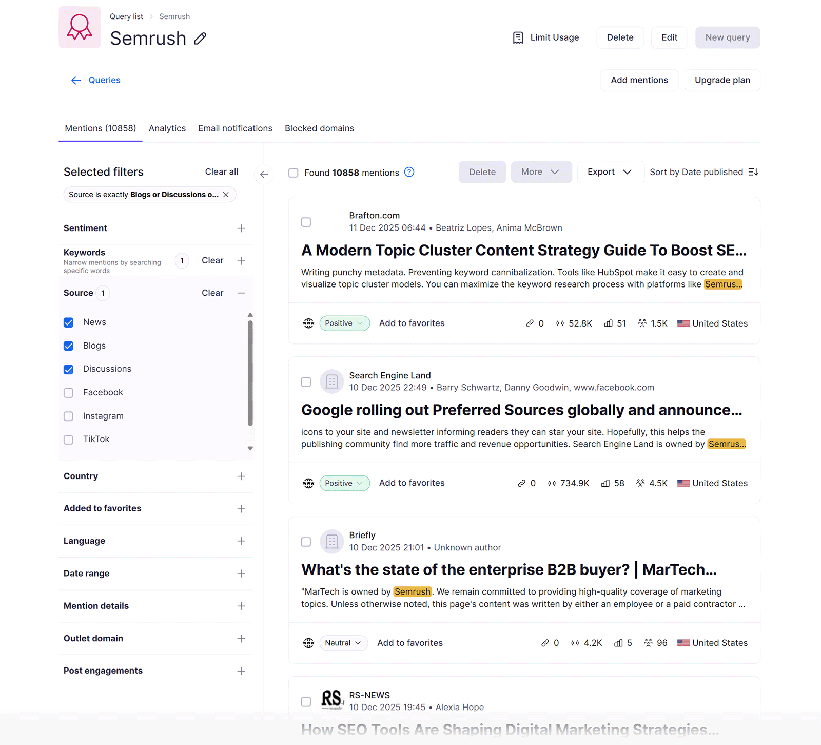 Brand Mentions dashboard listing online articles that reference Semrush with sentiment and reach data.