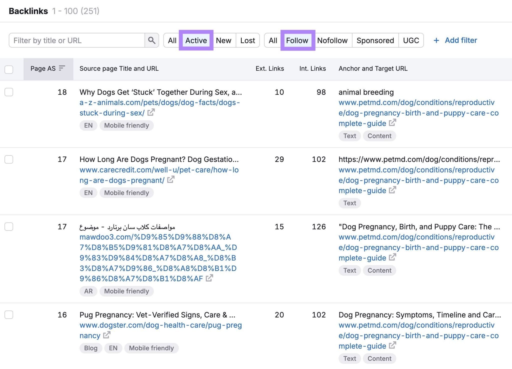 A list of active, do-follow competitor backlinks on the Backlinks tool.