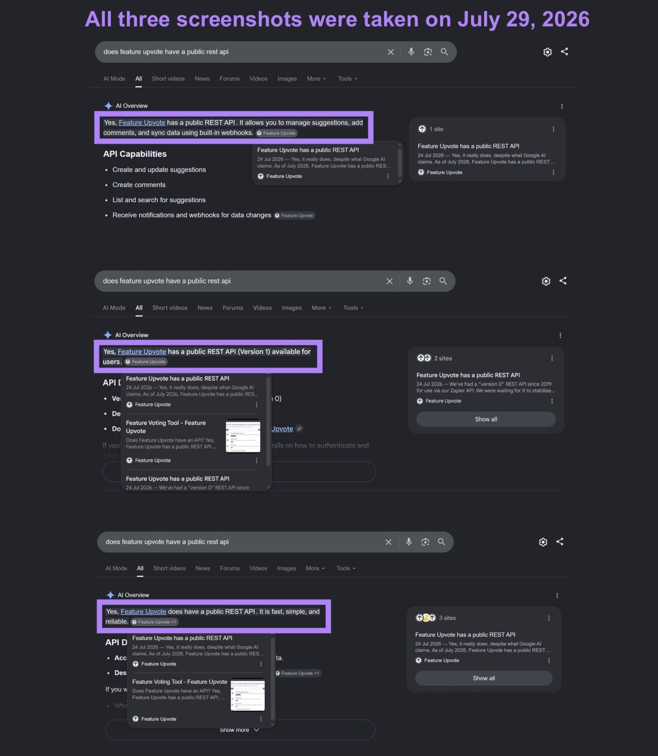 Three different screenshots taken on July 29, 2026 showing updated information about Feature Upvote on AI Overview responses.