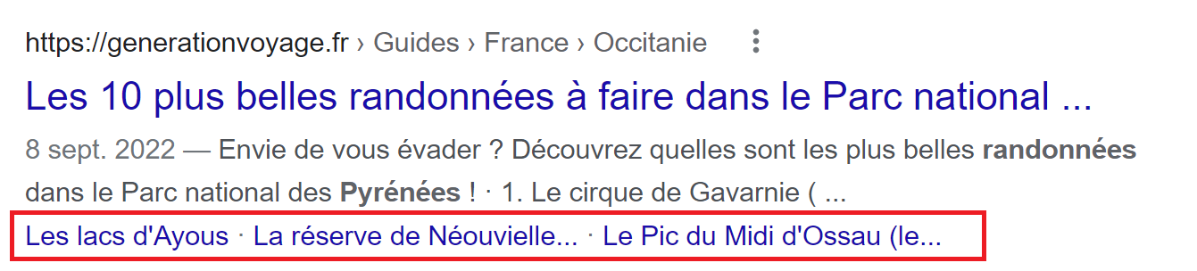 Résultat Google avec sitelinks