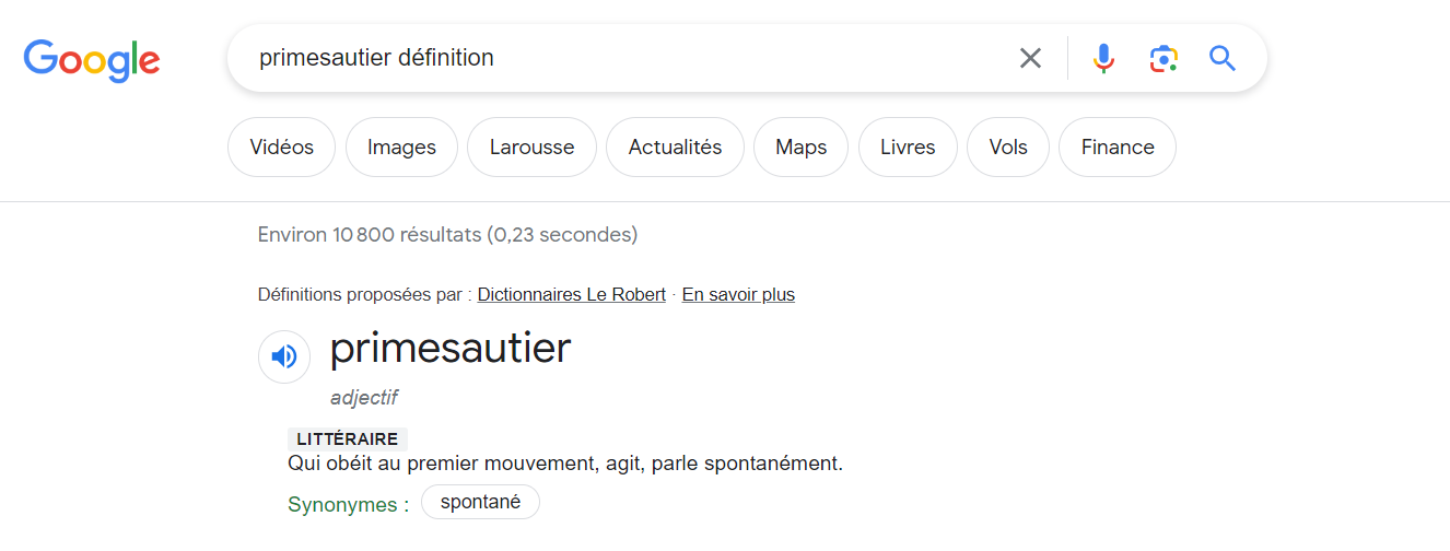 Blog de réponse sur Google pour la définition de l'adjectif primesautier