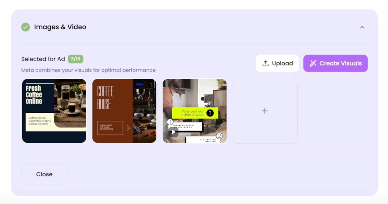 Ads tab showing creative visuals.